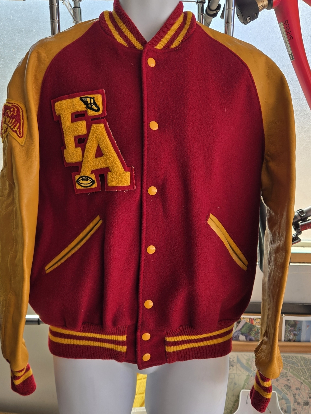 Vintage Delong FA Eagles Maroon Gold Wool Leather Varsity Letterman Jacket 42 XL